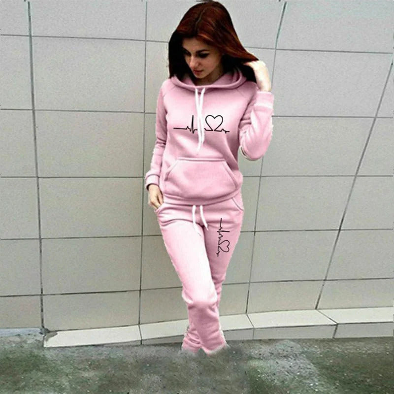 New Fun Heartbeat Line Printed Women's Sweatshirt Suit Hooded Pants Suit Women's Jogging Sweatshirt Two Piece Set