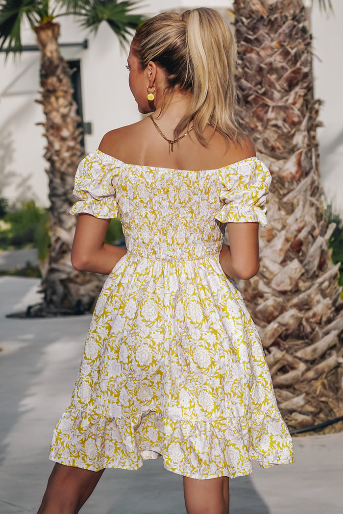 Yellow Shirred Flounce Off Shoulder Floral Dress