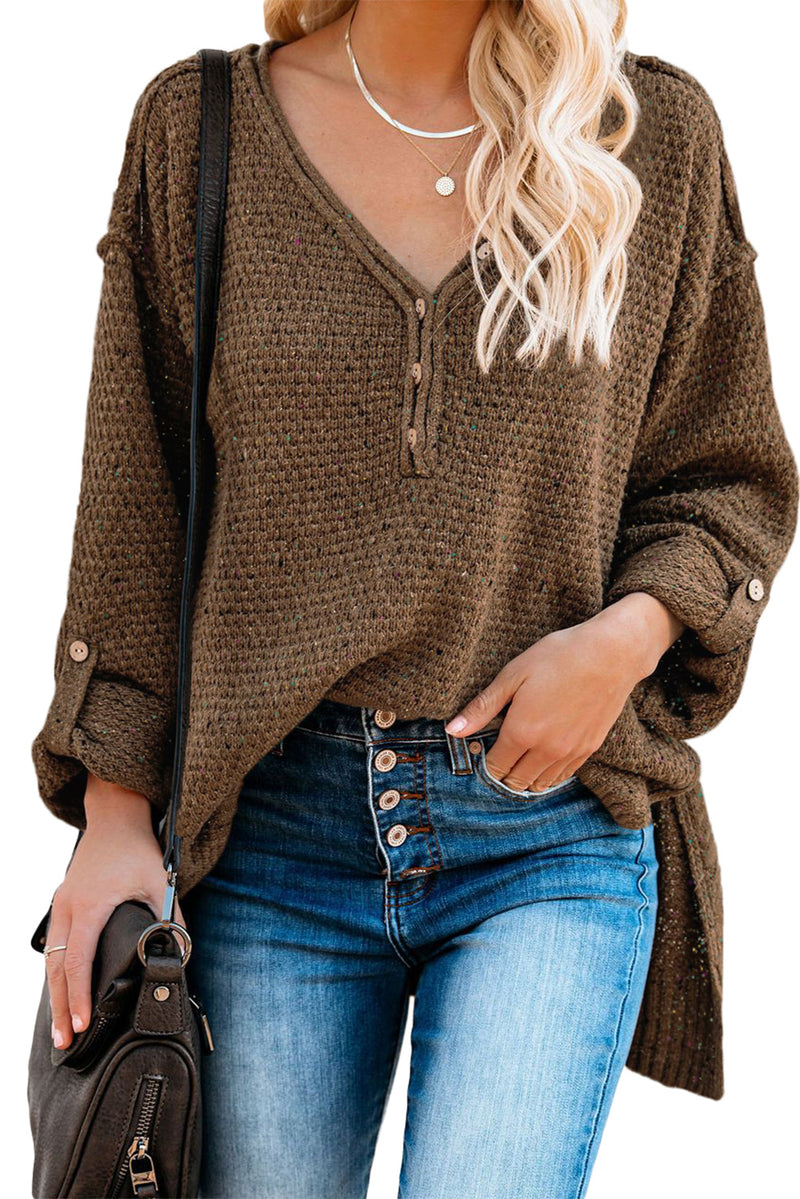 Brown Buttoned Drop Shoulder Knitted Sweater