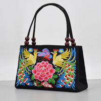 Embroidered Canvas Women's Top Handle Bag: Double Layered with Zippered Compartments, Perfect for Work and Play