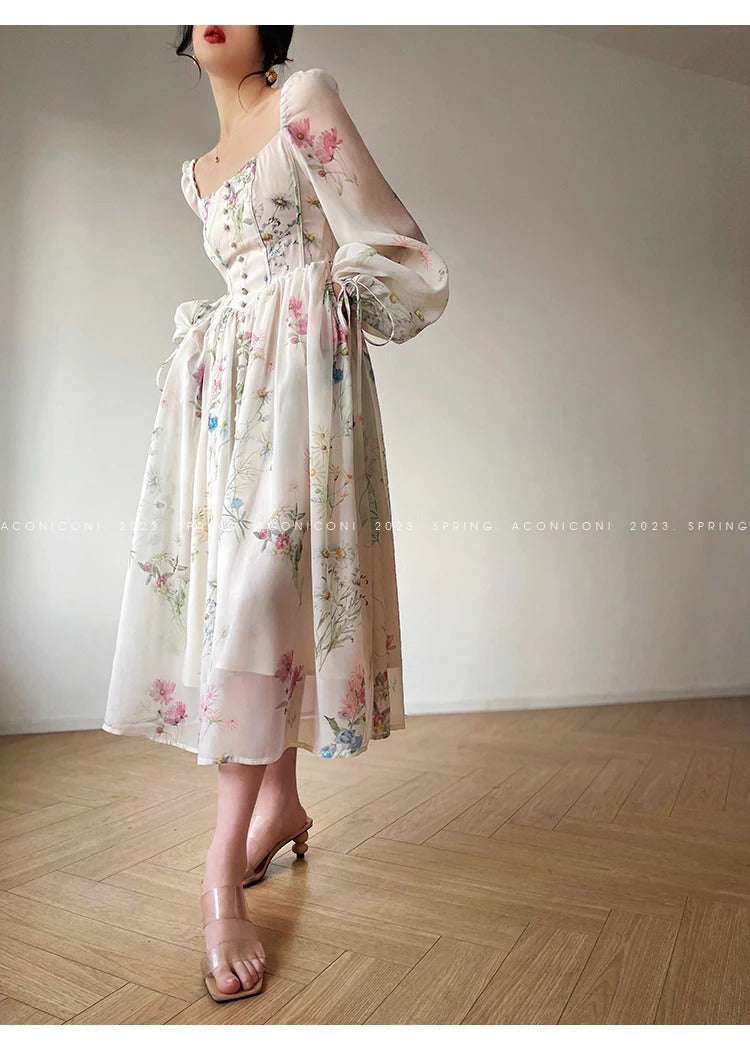 French Vinatge Evening Party Long Dresses for Women Floral A-line Princess Dress Lantern Sleeve Spring Summer Prom Robe Vestidos