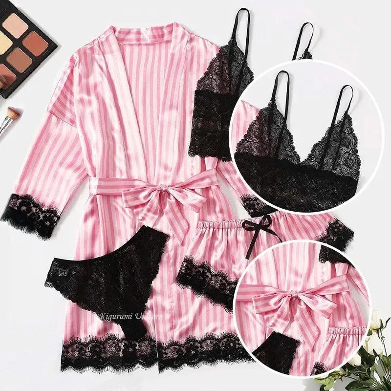 4 PCS Women's Summer Pajama Set with Pink Striped Jacket Paired with Casual Shorts and Sexy Lace Lingerie Casual Home Pajama Set