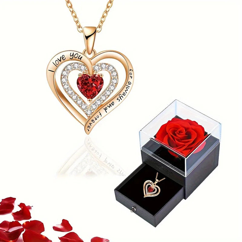 Luxury Red Zircon Pendant Necklaces With Rose Flower Gift Box For Girlfriend Women I Love You Gifts 2024 Trendy Wedding Jewelry