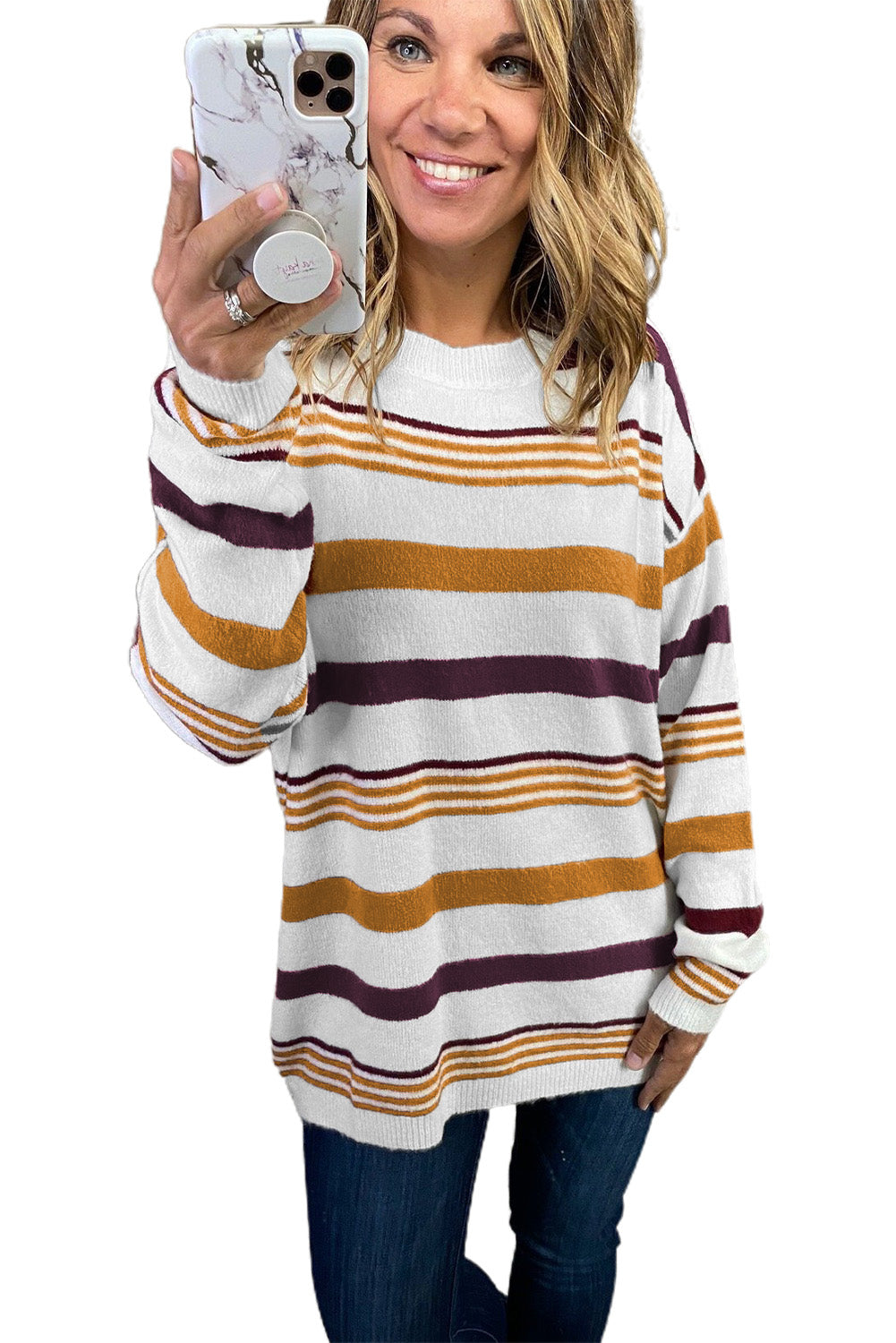 Brown Striped Crewneck Long Sleeve Sweater