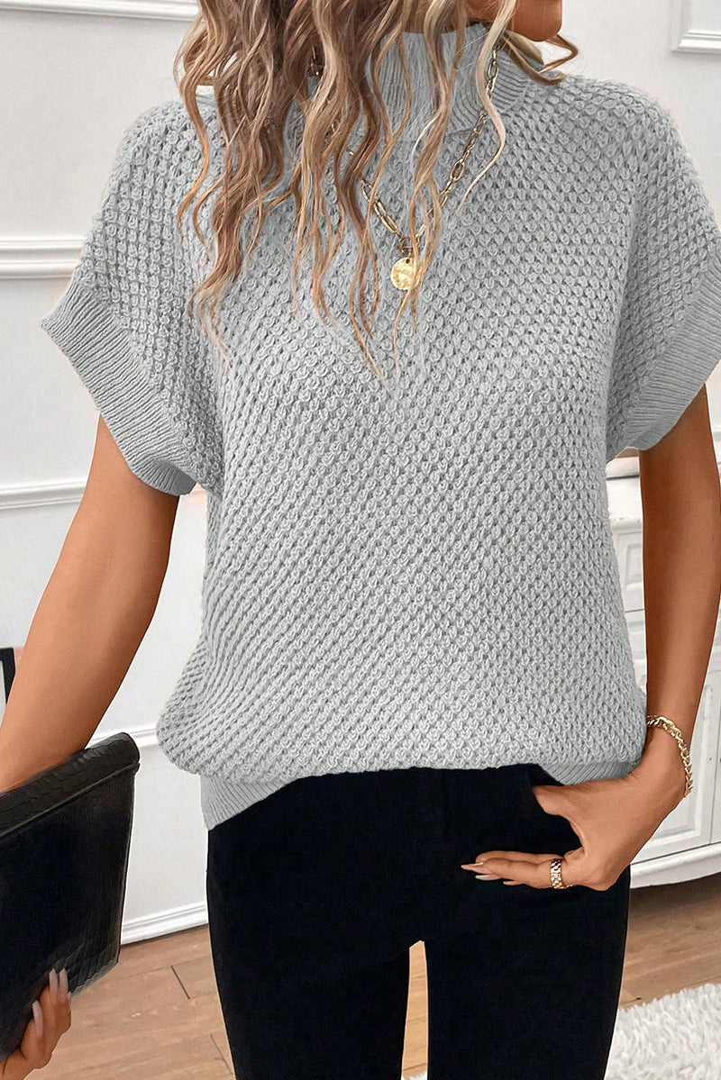 Light Grey Turtleneck Textured Short Sleeve Sweater