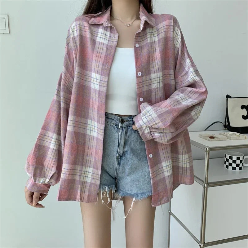 Plaid Shirt Women Autumn Long Sleeve Top Female Vintage Fashion Single Breasted Blouse Ladies Preppy Style Loose Check Shirts