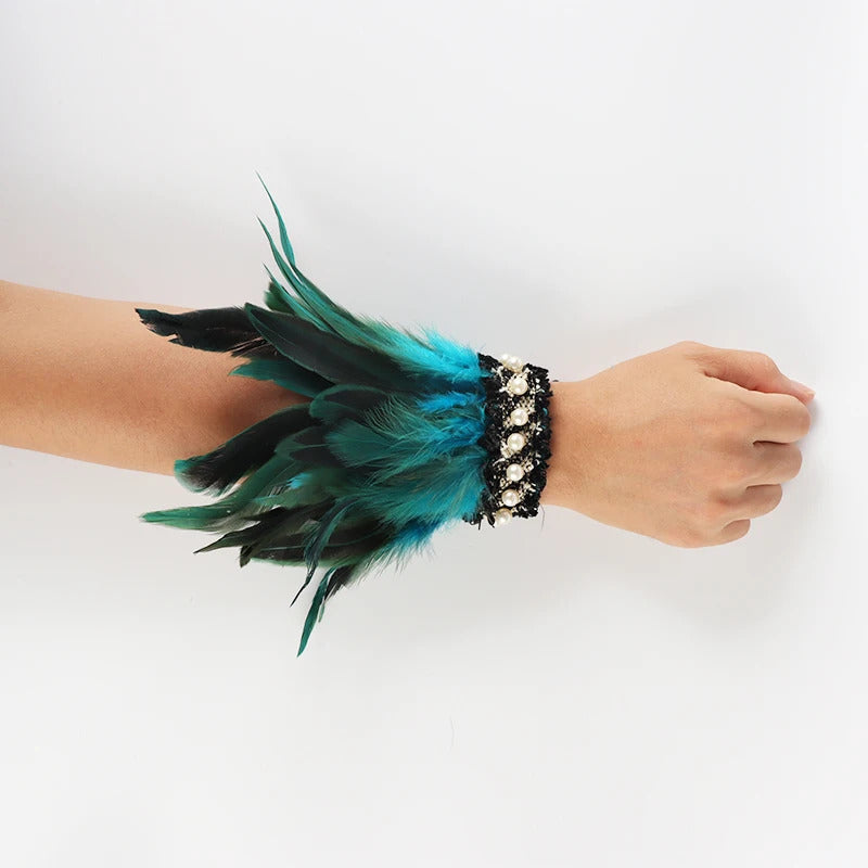 Gothic Rooster Feather Wrist Cuffs Natural Dyed Feather Arm Warmers Halloween Cosplay Party Rave Stage Performance Accessories