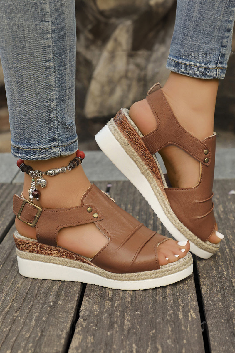 Chestnut Pleated Leather Cut Out Wedge Sandals