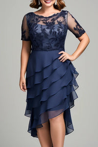 Flycurvy Plus Size Wedding Guest Navy Blue Chiffon Lace Layerd High Low Hem Midi Dress