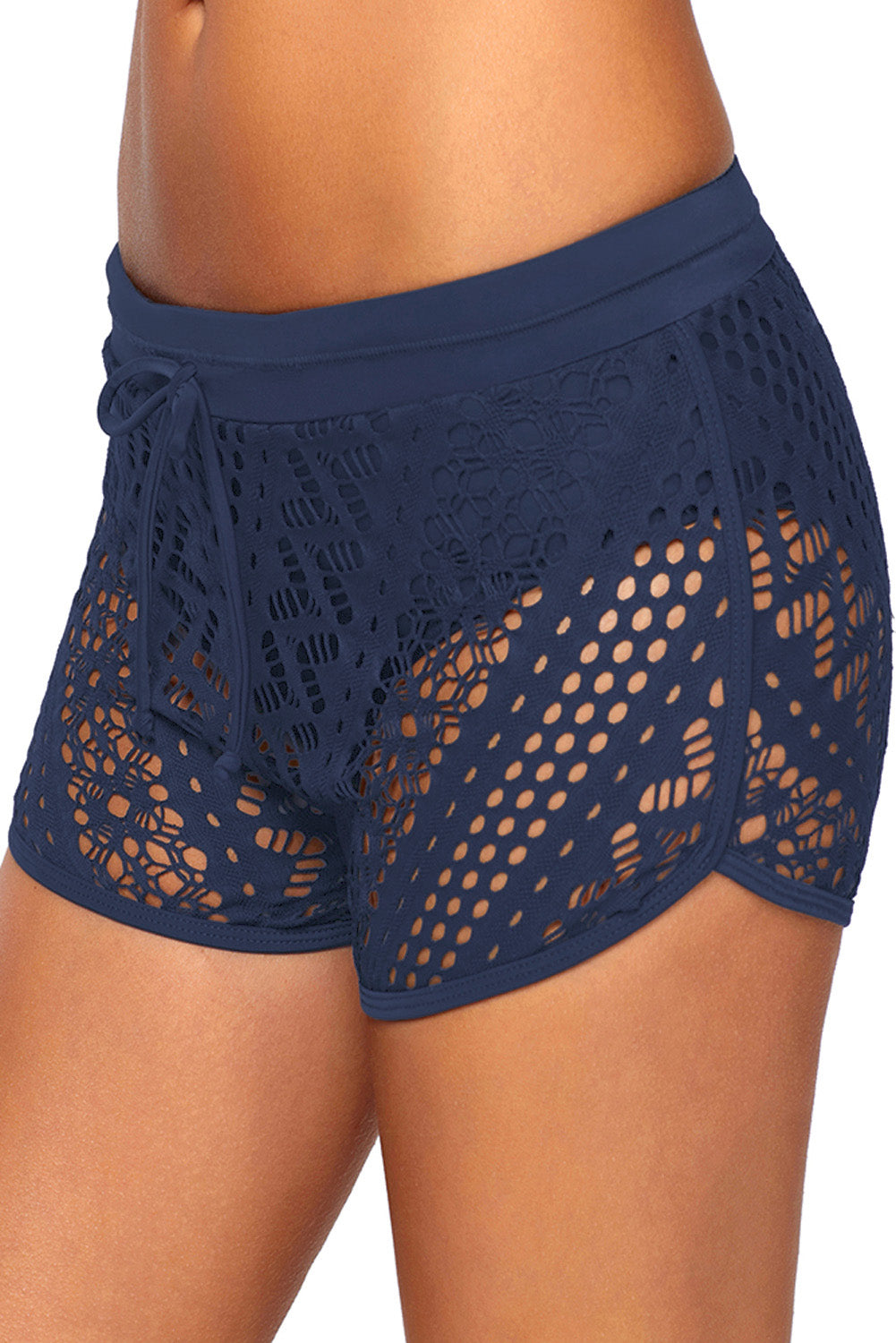 Blue Hollow Out Lace Overlay Swim Short Bottom