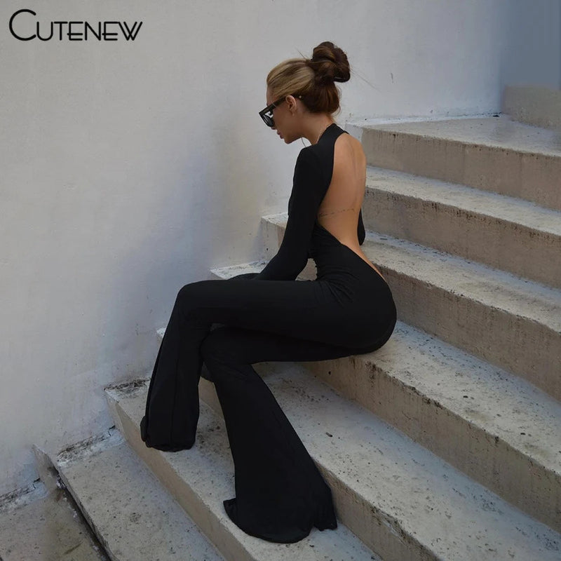 Cutenew Solid Black Sexy Backless Bodycon Wide Leg Jumpsuit Women Autumn Casual Slim Long Sleeve O-Neck Playsuit Lady Streetwear