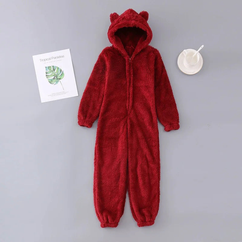 Women's Winter Warm Pyjamas Girls Onesies Fluffy Fleece Jumpsuits Nightwear Overall Hooded Sets Pajamas for Female Plus Size