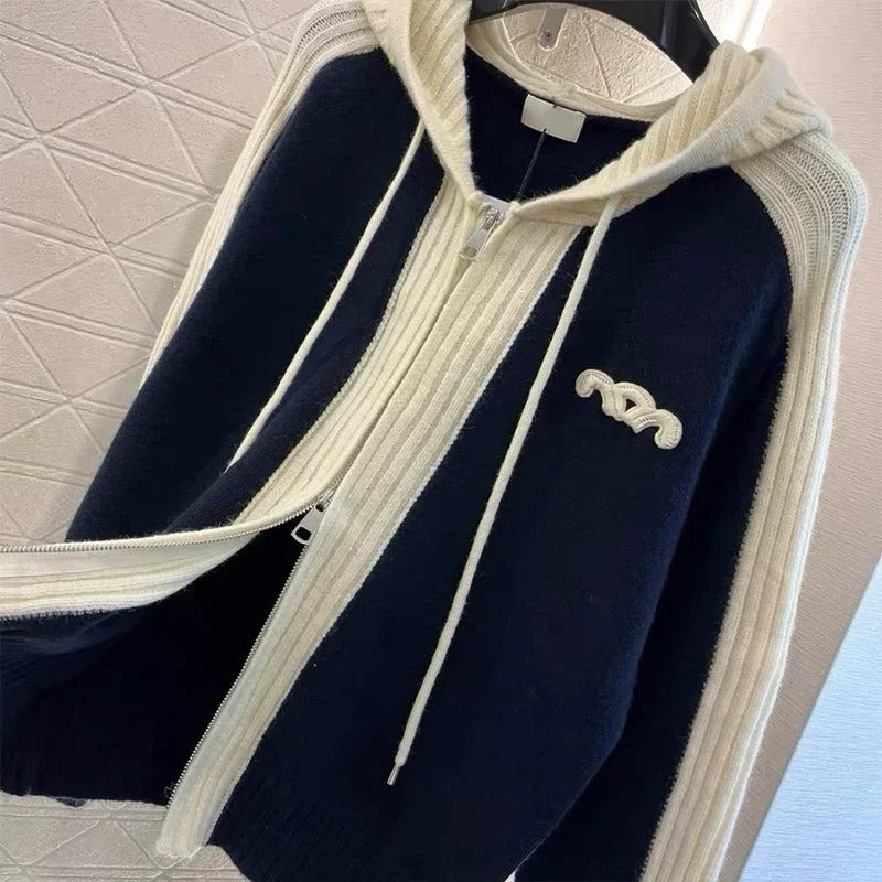 Women's Clothing Casual Elastic Slim Hooded Zipper Knitted Cardigan Autumn Winter Fashion Patchwork Wool Thick Commute Sweaters