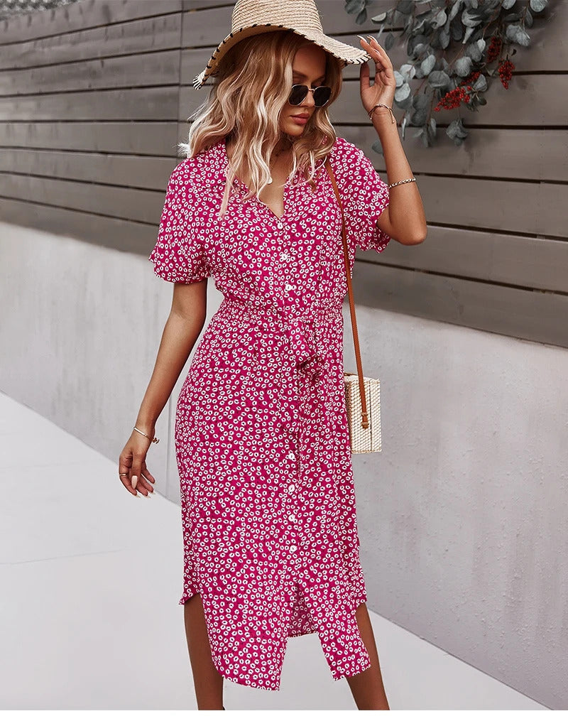 Summer Women Floral Print Dress Casual Short Sleeve Button Holiday Midi Dresses Female V-Neck Beach Boho Chic Dress Elegant Robe