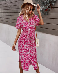 Summer Women Floral Print Dress Casual Short Sleeve Button Holiday Midi Dresses Female V-Neck Beach Boho Chic Dress Elegant Robe