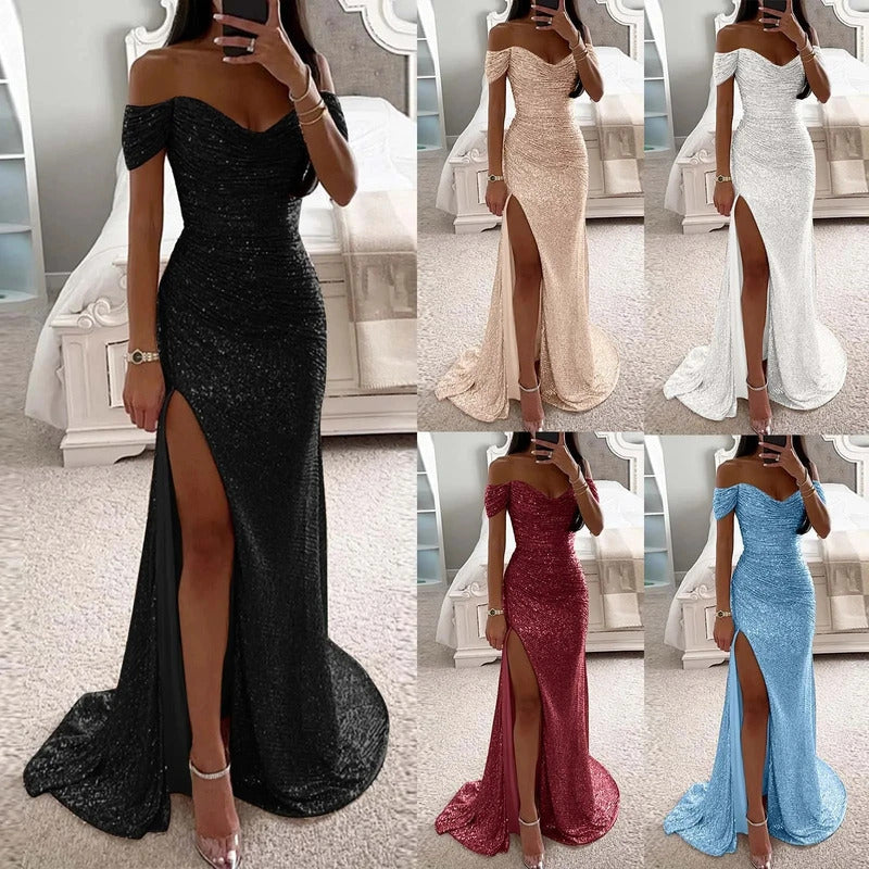 Women Mermaid Champagne Evening Maxi Dresses 2024 Elegant Off-Shoulder Sequin Split Prom Formal Gowns For Party Customized