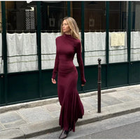 Fashion Long Sleeve Bodycon Pleated Maxi Dresses Elegant Dark Red High Necked Maxi Dress For Women Autumn New Street Vestidos