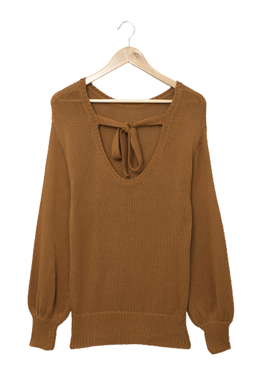 Brown Drop Shoulder Back Cut-out Sweater with Tie