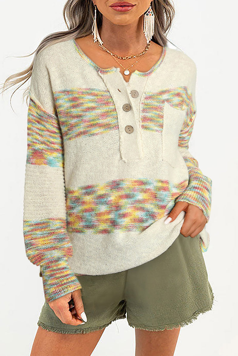 Multicolor Space Dye Henley Knit Sweater