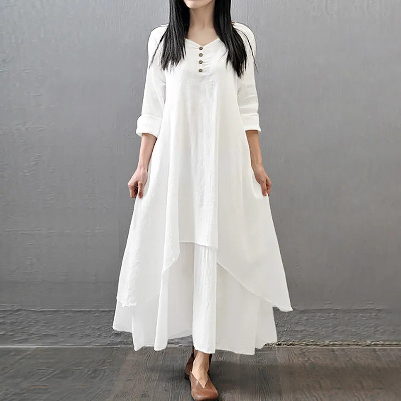 Women Cotton Linen Chic Maxi Dresses Elegant Bohemia Layered Vintage Robe Long Sleeve Loose Dress O Neck Casual White Vestidos