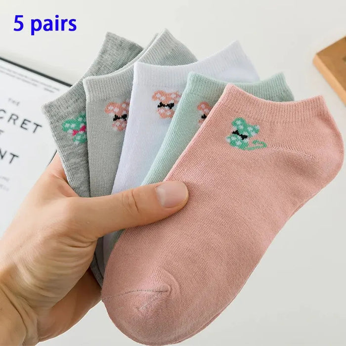 5 Pairs of Colored Cotton WOMEN'S Short Socks, Ankle Breathable Sports Socks, Casual, Summer Thin Socks, Tie Cat