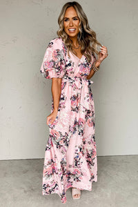 Women's Floral Puff Sleeve High Waist Maxi Dress