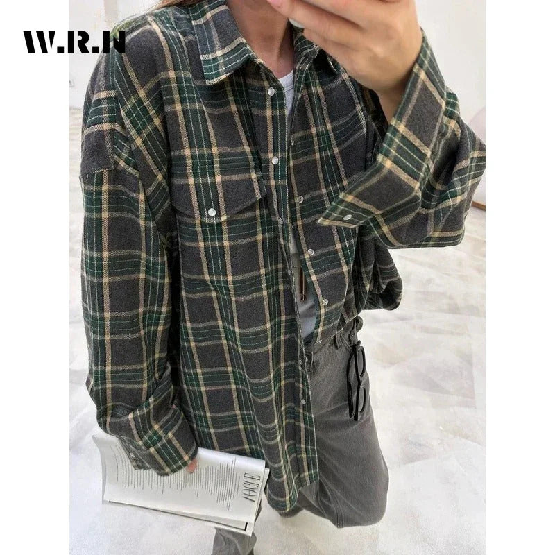 Clacive Fashion Baggy Plaid Women'S Blouse Elegant Lapel Long Sleeve Shirts And Blouses Vintage Pocket Lace-Up Top Female