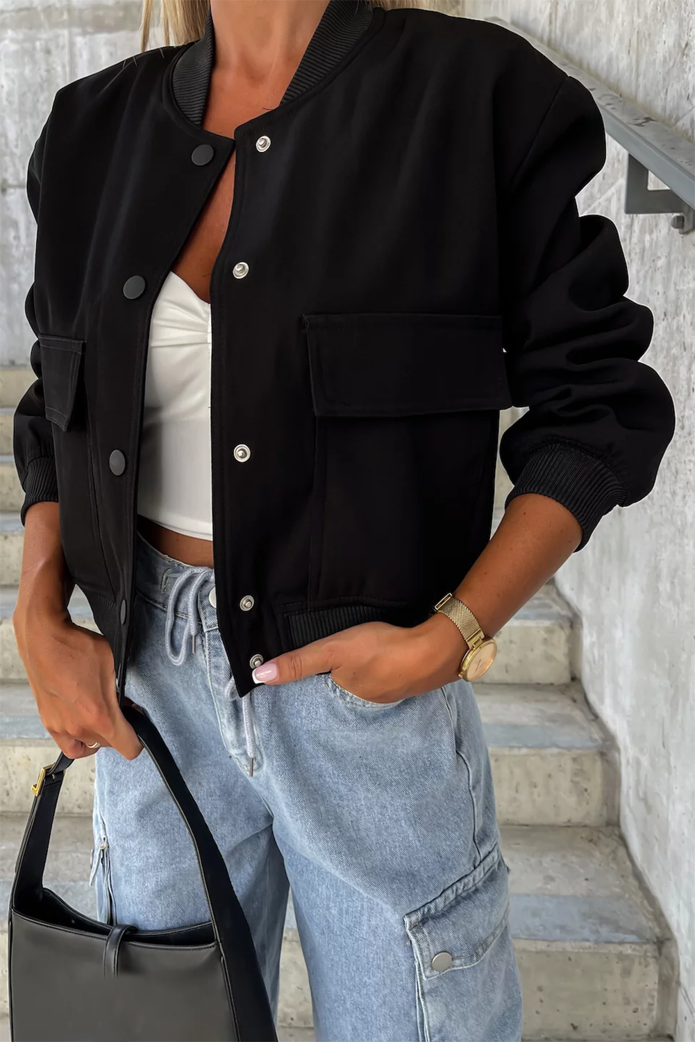 Black Big Pockets Baseball Collar Jacket