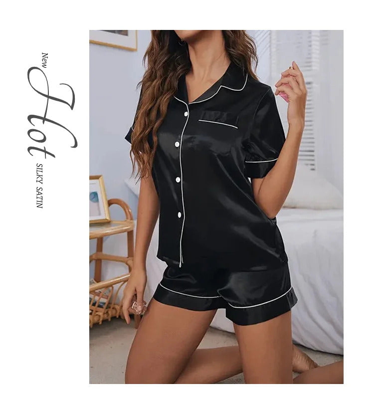 Women's Pajamas Set Satin Sleepwear Button Down Tops and Shorts Pajama 2 Piece Suit Pyjama Femme Nightwear Loungewear for Summer