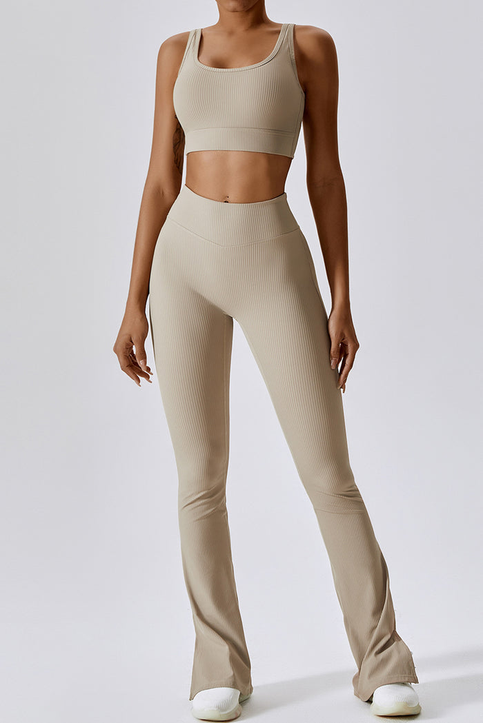 Smoke Gray Ribbed U Neck Cropped Tank and Split Leggings Set