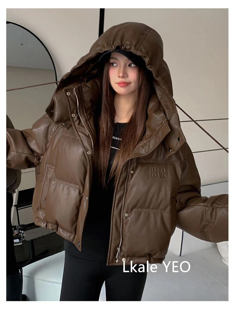 Women's Leather Down Cotton Jacket 2025 Versatile Hooded Lady Winter Parka Coat Fashion Student Ladies Cotton Padded Outerwear