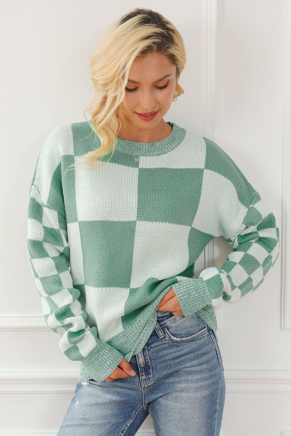 Medium Grey Checkered Print Drop Shoulder Sweater