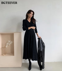 BGTEEVER Elegant V-neck Single-breasted Women Thicken Sweater Dress 2021 Autumn Winter Knitted Belted Female A-line soft dresses