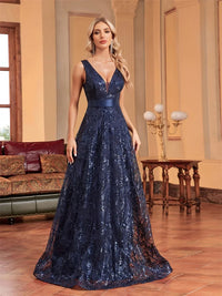 Lucyinlove Luxury Sexy Deep V-Neck Sequins Blue Evening Dresses Women Elegant V-back Wedding Party Long Prom Cocktail Dress