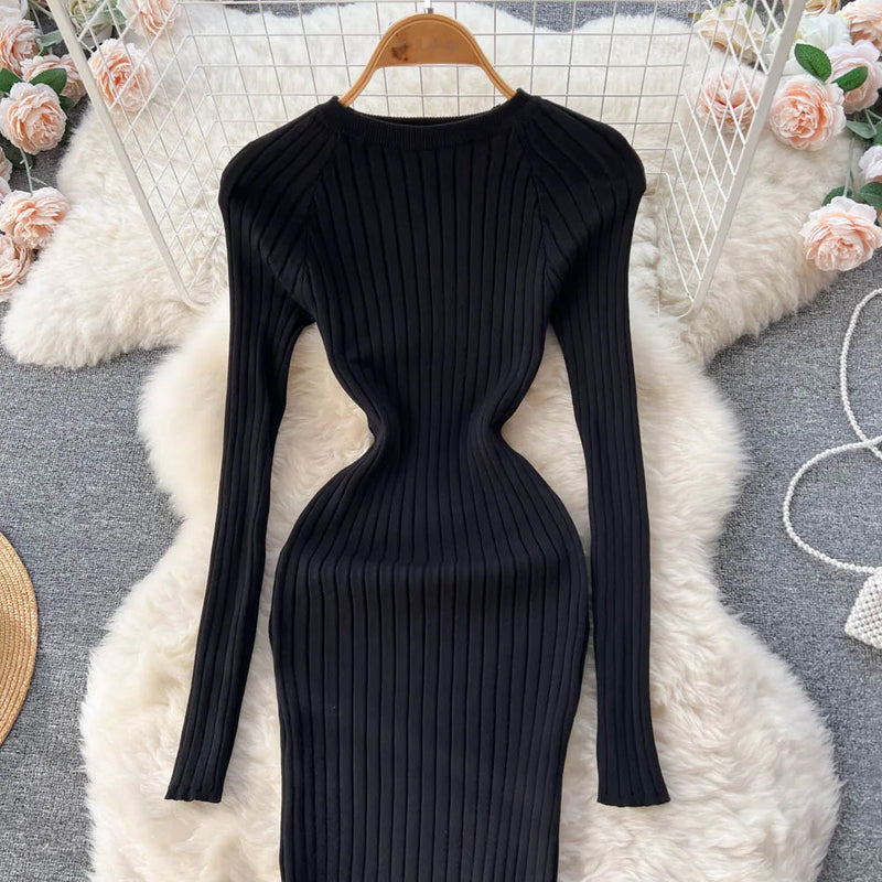 SINGREINY Winter Women Knit Maxi Dress O Neck Autumn Long Sleeve Slim Solid Harajuku Ladies Fashion Pencil Sweater Long Dresses