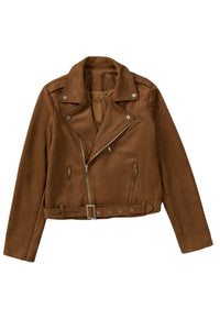 Brown Vegan Suede Zip Detail Moto Jacket