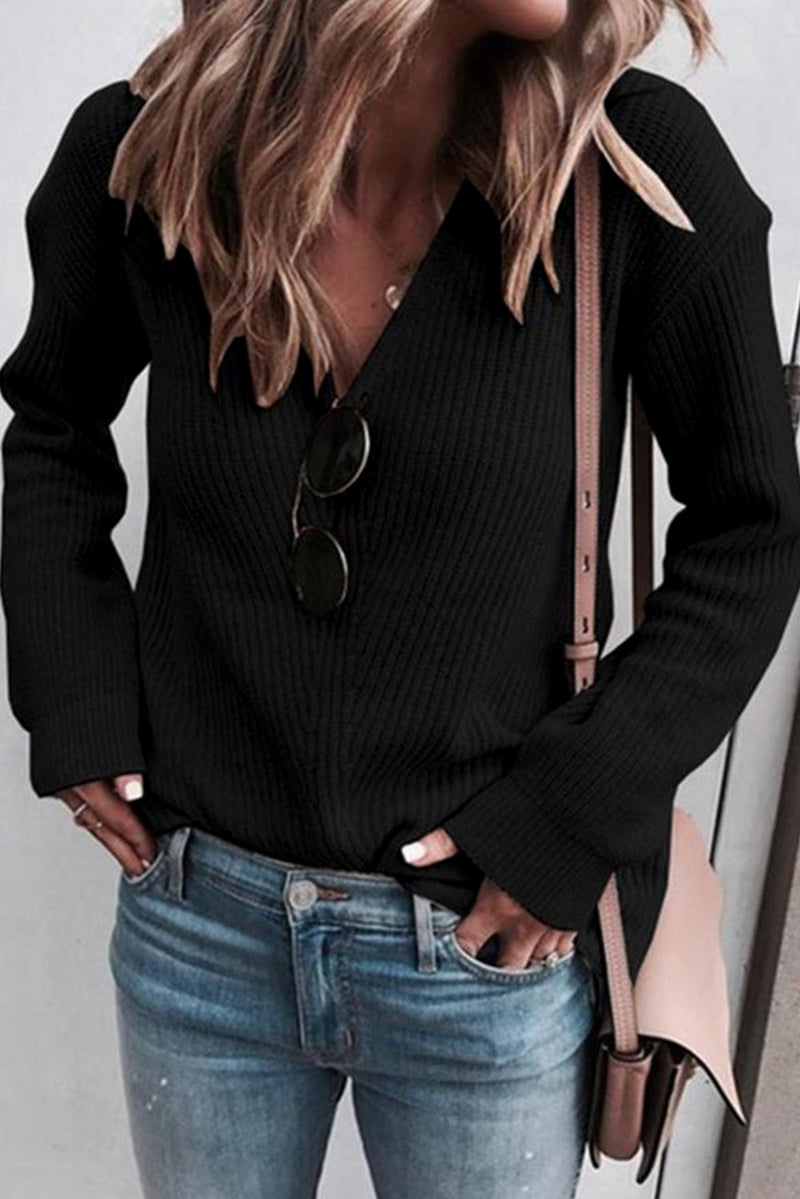 Black Ribbed Knit V Neck Sweater