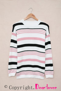 Pink Striped Crewneck Long Sleeve Sweater