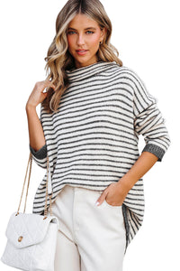 Khaki Striped Turtleneck Loose Sweater