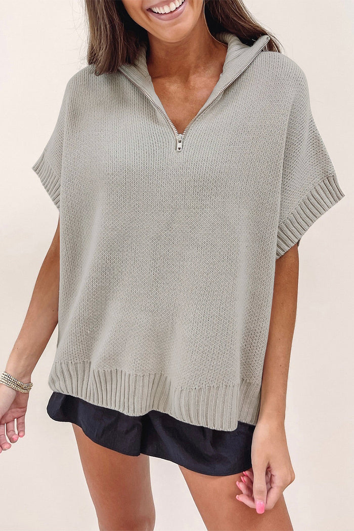 Light Grey Quarter Zip Short Batwing Sleeve Sweater