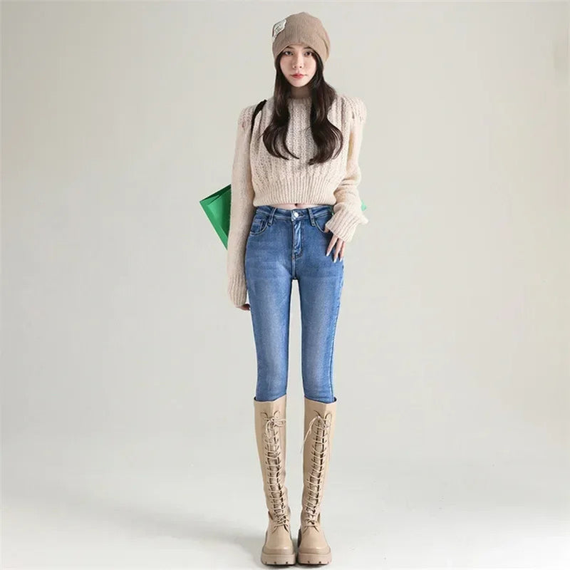 Women Thermal Skinny Jeans Mom Winter Warm Plush Stretch Jeans Lady Fleece Snow Denim Pants Student Pencil Straight Leg Trousers