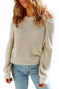 Beige Women's Winter Casual Loose Halter Neck Cold Shoulder Ribbed Knit Sweater