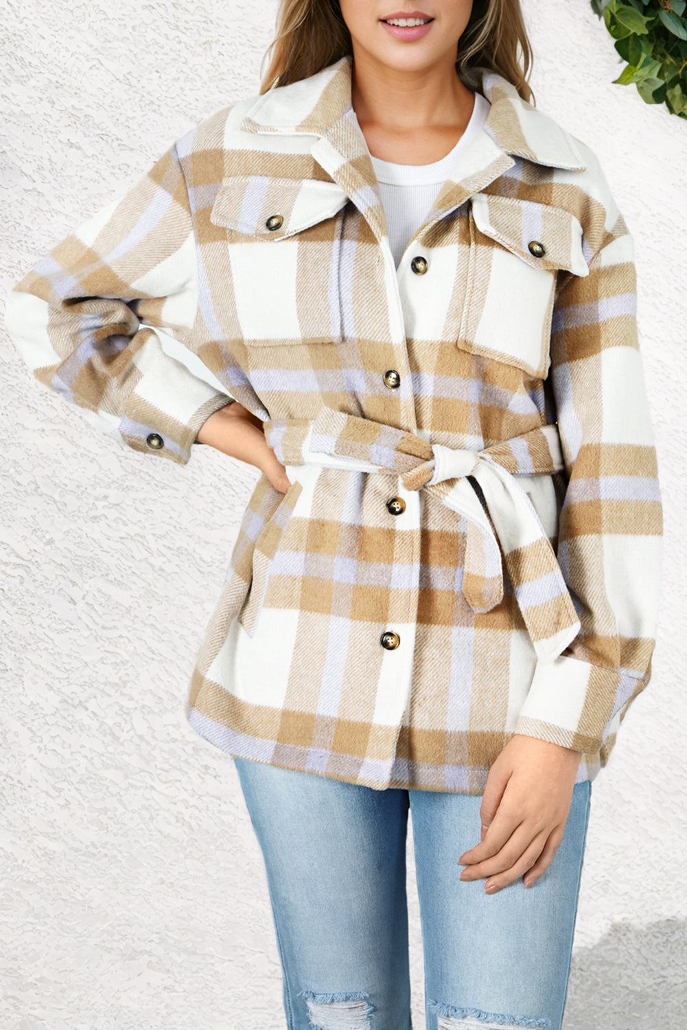 Khaki Plaid Button-Up Flap Pocket Shacket