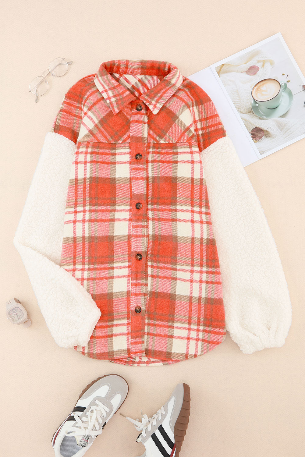 Fiery Red Sherpa Sleeve Plaid Print Shacket