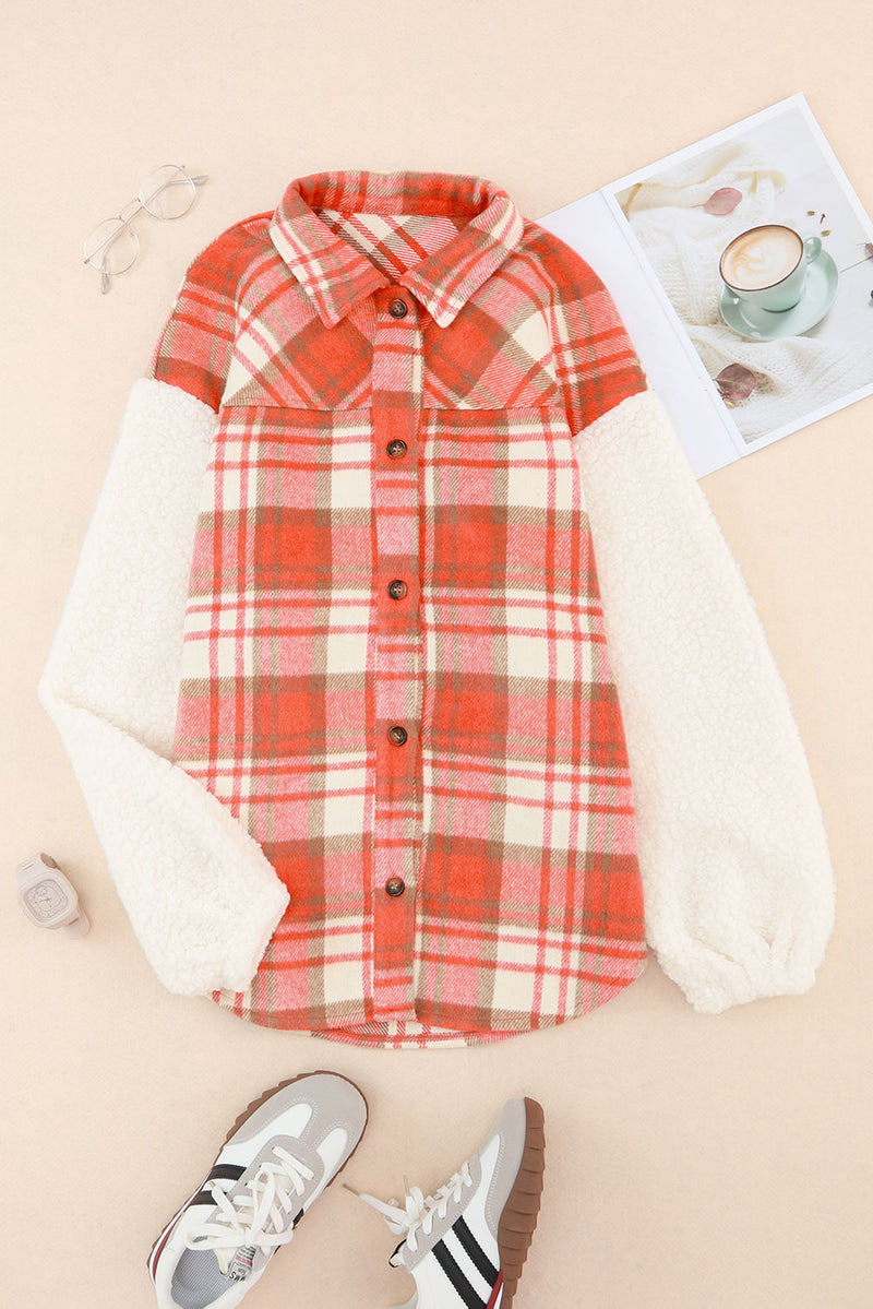 Fiery Red Sherpa Sleeve Plaid Print Shacket