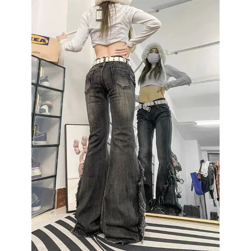 American Style Retro High Street Ruffled Denim Jeans for Women in Autumn Low Waisted High Elastic Slimming Wide Leg Mop Pants