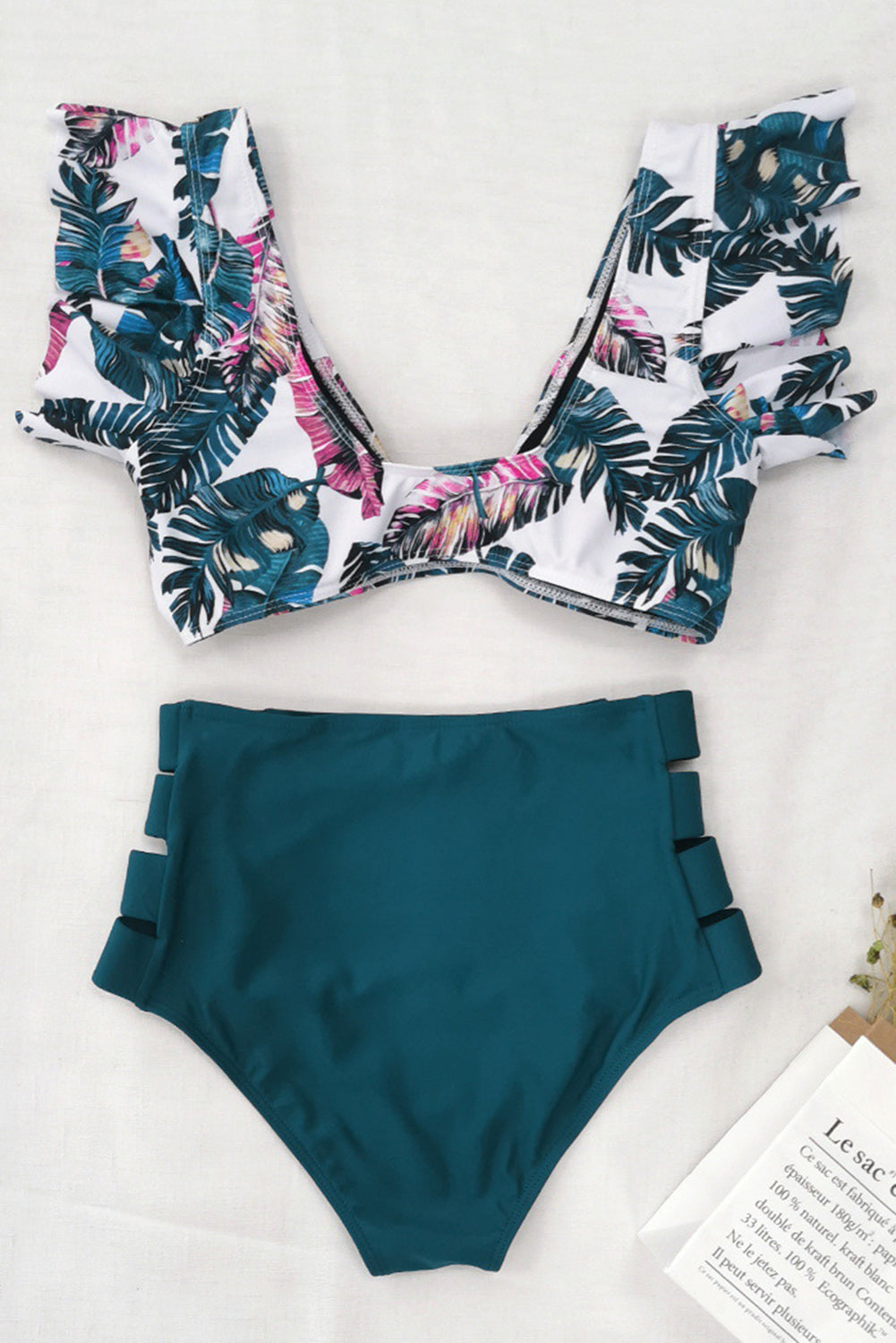 Green Palm Leaf Print Front Tie High Waist Bikini Swimsuit with Ruffles