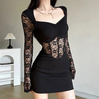 Nibber Black Mysterious Sexy Lace Stitching Mature Fishbone Beautiful Sweet Gentle Women'S Winter Long Sleeve Hip Short Dress