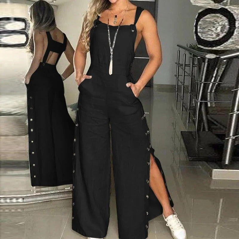 Summer Fashion Womens Sleeveless Jumpsuit Rompers Ladies Solid Wide Leg Button Openings Long Trousers Suspenders Overalls Pocket