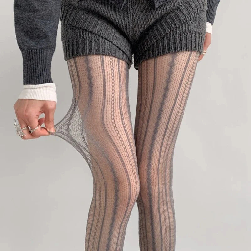 Hollowed Out Lace Tights Geometric Striped Patterned Fishnet Pantyhose for Women